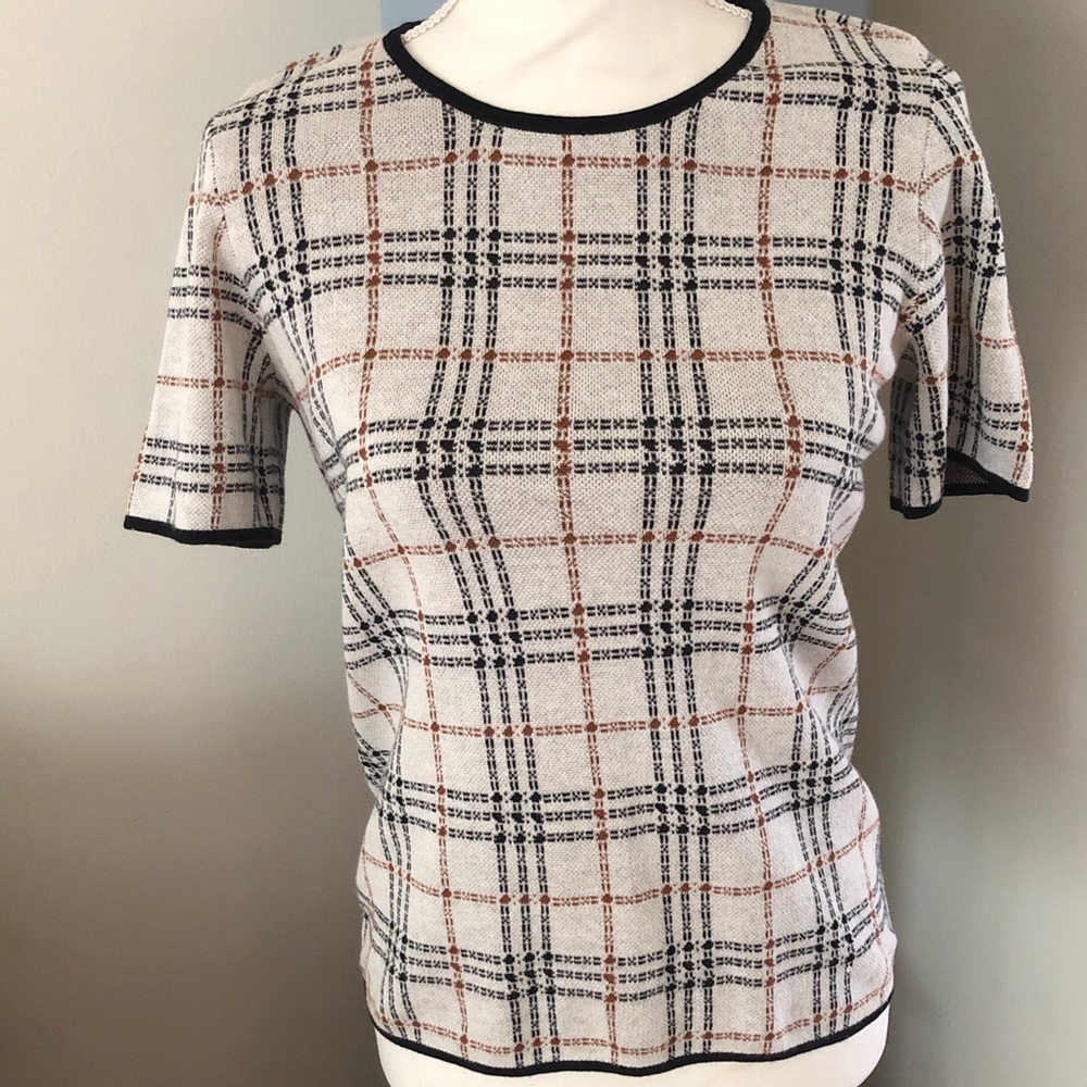 Ann Taylor Checkered Short Sleeve Top - Black and orange/brown
